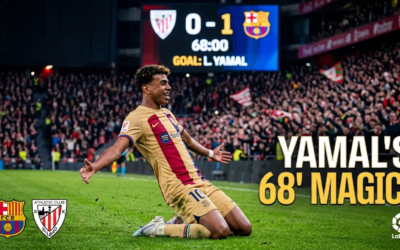 Lamine Yamal celebrating his goal against Atletico Bilbao in the 68th minute on 07/03/2026.